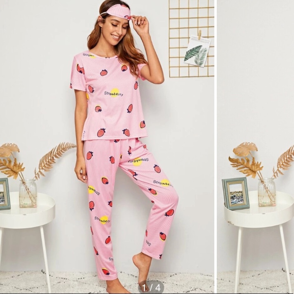🆕 Pink 3pc fruit strawberry pajama pants top eye mask set